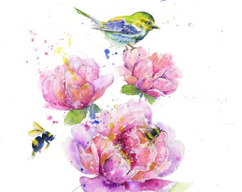 Gathering - Watercolor Art Print Pink Peonies Flowers Bouquet Romantic Bee Available in Paper and Canvas by Olga Cuttell