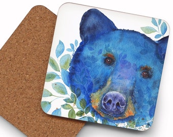 Bear Coaster, Mix & Match "Bluebeary" wildlife art coaster, blue fur bear, smiling bear, cute bear coaster, housewarming gift, Oladesign