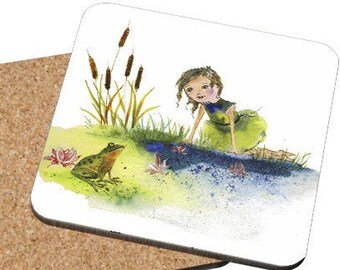 Fairytale Coaster, Mix & Match "Frog Prince" Fairy Story art, little girl, kissing a frog, colourful coaster, watercolour coaster, Oladesign