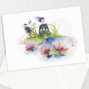 Carte de vœux - LOTUS - Aquarelle Art Print Gia Spirit in Meditation Eau Faerie Fleur Energie Paisible Héron Guide Animal Fleur Lotus