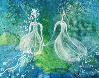 Sisters - Fantasy Jellyfish Spirits - Fairy Princesses - Watercolor Art Print - Ocean Scene - Available in Paper & Canvas by Olga Cuttell