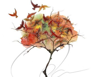 Rising Fall - Watercolor Art Giclee Print Autumn Tree Colorful Leaves Bird Landscape Painting Available in Paper and Canvas by Olga Cuttell