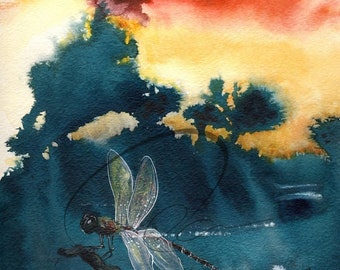 Red Sky in the Morning - Watercolor Art Giclee Print Dragonfly Blue Landscape Available in Paper and Canvas by Olga Cuttell