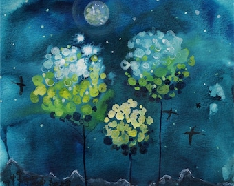 Four Moons - Watercolor Art Giclee Print Magnolia Trees Full Moon Night Sky Blue Landscape Available in Paper and Canvas by Olga Cuttell