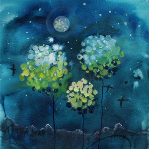 Four Moons - Watercolor Art Giclee Print Magnolia Trees Full Moon Night Sky Blue Landscape Available in Paper and Canvas by Olga Cuttell