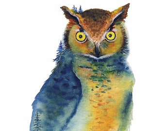 Wisdom - Great Owl - Wise Old Owl - Log Tree - Art Print - Watercolor Painting - Available in Paper & Canvas by Olga Cuttell