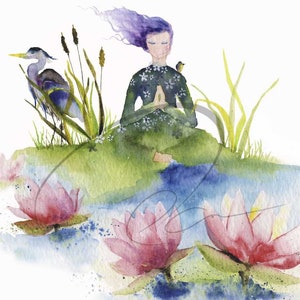 Lotus - Meditative Art Print - Peaceful Energy - Blue Heron - Water Flowers - Yoga Pose - Available in Paper & Canvas - Olga Cuttell