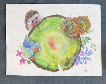 Kitchen Place Mat - Hidden Paradise - Watercolour Art. Cute Animal. Tree Log. Hedgehog. Nature.