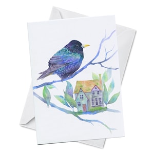 Biglietto d'auguri - HOMESTEAD - Blue Bird, Casa in un albero, casa sull'albero, mini casa, casa in miniatura, nido su un ramo, Pittura artistica ad acquerello