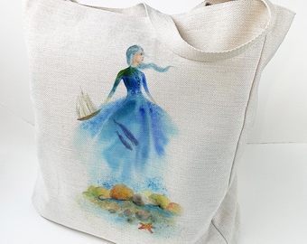 Tote Bag - Bounty - Canvas bag, Woman Dress large bag, huge tote bag, art tote, colourful bag, Sea Feminine Spirit art bag, Olga Cuttell