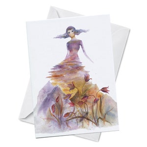 Wenskaart - DEUGD - Gia Goddess Free Spirit of the Fields en bloemen paarse jurk Happy aquarel kunst schilderij Olga Cuttell Oladesign