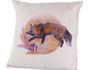 Canvas Pillow Case - Elusive - Purple Fox, Wild Mushrooms,Forest Fern, Cute and Cuddly Autumn, Animal Fall Colours by Olga Cuttell