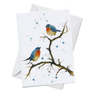 Carte de vœux - WARM INSIDE - Oiseaux bleus d’hiver Robins anglais dans la neige Aquarelle Carte d’art Papier recyclé Vierge à l’intérieur Fabriqué au Canada