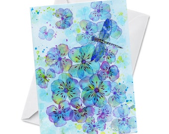 Greeting Card - PETAL CARPET - Blue Wild Petals Dragonfly Water Cute Insect Flowers Watercolor Art Painting