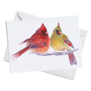 Carte de voeux - COUPLANT - oiseaux d'amour cardinaux rouges accouplés couple jaune anniversaire mariage fiançailles Saint Valentin aquarelle art peinture