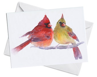 Wenskaart - KOPPELING - Rode kardinaal Love Birds Mated Paar Gele Verjaardag Bruiloft Verloving Valentijnsdag Aquarel Art Painting