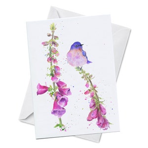 Carte de vœux - PERFECT PERCH - Merle bleu Perché Fleurs de jacinthes Digitale, Anniversaire, Anniversaire, Saint-Valentin, Aquarelle Art Peinture