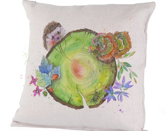 Canvas/Linen Pillow Case - Hidden Paradise - Happy Forest, Nature, Tree Log, Cute Hedgehog, Wild Mushrooms, Blue Flowers, Olga Cuttell art