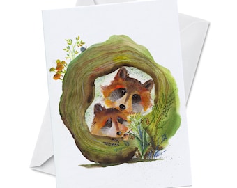 Greeting Card - CUBBY HOLE - Racoon Cubs Hiding Cozy in a Hollow Tree Stump Cute Animal Wildlife Family Watercolor Art Painting Oladesign