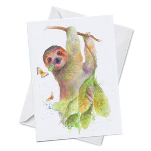 Carte de voeux - PATIENCE - Heureux paresseux paisible suspendu grignotant papillon Carte d'art aquarelle vierge à l'intérieur du papier recyclé Fabriqué au Canada