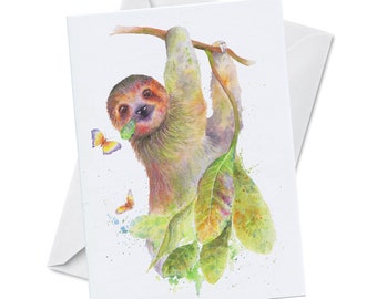 Greeting Card - PATIENCE - Happy Peaceful Sloth Hanging Munching Butterfly Watercolor Art Card Blank Inside Recycled Paper Made in Canada
