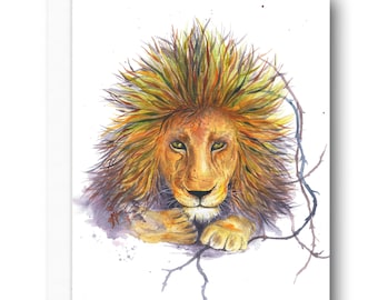 Greeting Card - GUARDIAN - Lion Spirit Guide Wildlife Blank Congratulations Boy's Birthday Card for Men Colorful Watercolor Recycled Paper