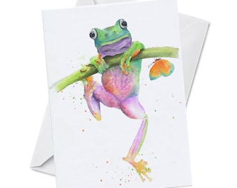 Greeting Card - HANGING OUT - Colourful Green Tropical Jungle Tree Frog Climbing on a Stem with a Butterfly Watercolor Art Painting Canada