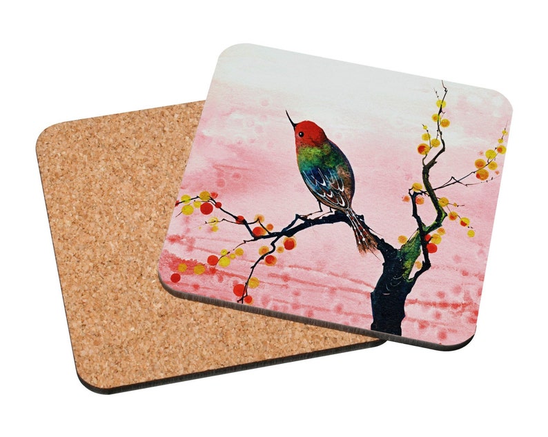 Hummingbird Coaster, Mix & Match Warm Reflection colourful hummingbird, pink cherry blossoms, watercolour painting, country home style image 1