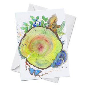 Carte de vœux - CHEEKY - Écureuil mignon sur un arbre Log Nature Champignons sauvages Bleu Papillon Aquarelle Art Print Recycled Paper Blank Inside