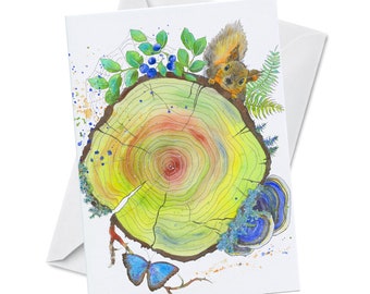 Greeting Card - CHEEKY -  Cute Squirrel  on Tree Log Nature Wild Mushrooms Blue Butterfly Watercolor Art Print Recycled Paper Blank Inside