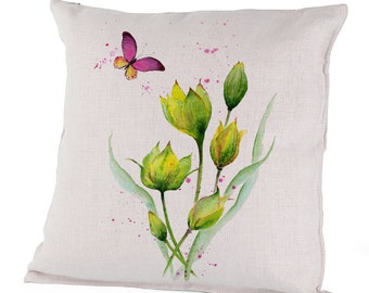 Canvas/Linen Pillow Case - Fragrance - Watercolour Flowers, Blooming Flowers, Wild Yellow Tulips, Pink Butterfly, Olga Cuttell