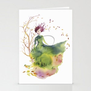 Greeting Card FALLEN LEAVES Watercolor Art Giclee Print Fashion Sketch design Autumn Spirit lady Woman Nature Watercolor image 3