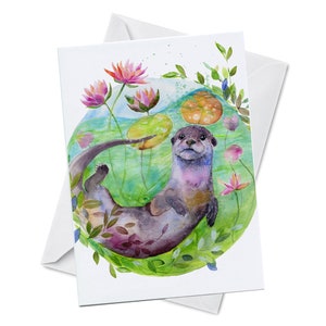 Cartão de felicitações - OUGHTA KNOW - Lontra de rio Brincalhão Vida Selvagem Nenúfares Pintura de arte em aquarela