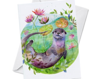 Greeting Card - OUGHTA KNOW - River Otter Playful Wildlife Water Lily Pads Watercolor Art Painting