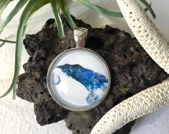 Glass Pendant - Night keeper - Antique Bronze or Silver Plated handmade watercolor art necklace jewelry raven birds Oladesign