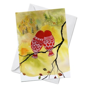Carte de voeux - REGARDEZ ! CHEVREUIL ! - Oiseaux d'amour d'anniversaire de la Saint-Valentin d'une plume, nature, aquarelle, papier recyclé vierge à l'intérieur d'Oladesign