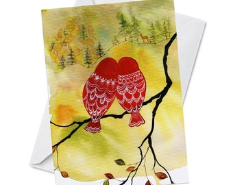 Greeting Card - LOOK! DEER! - Valentines Day Anniversary Love Birds of a Feather Nature Watercolor Art Recycled Paper Blank Inside Oladesign