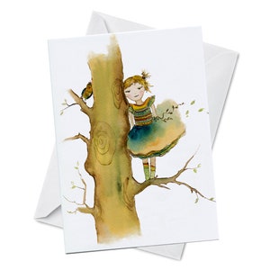 Carte de voeux d'anniversaire - SECRET PARTAGÉ - petite fille grimpant à un arbre, carte d'art aquarelle colorée en papier recyclé avec enveloppe vierge à l'intérieur