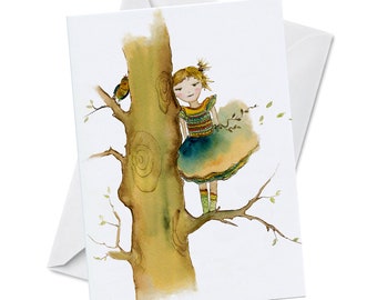 Birthday Greeting Card - SHARED SECRET - little girl climbing a tree recycled paper colorful watercolor art card with envelope blank inside