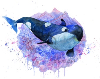 Orca - Killer Whale - Art Print - Colourful Sea Creature - Wildlife - Watercolour Painting - Paper or Canvas - Olga Cuttell