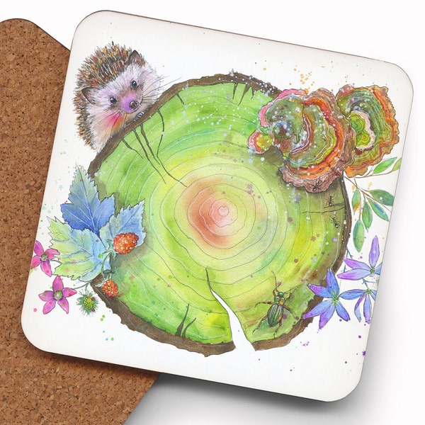 Posavasos de erizo, combinables "Hidden Jem". Erizo salvaje, fauna colorida, posavasos artístico, setas en un tronco, regalo para amantes de la naturaleza, Oladesign.