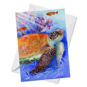 Greeting Card - CRUISING - Big Sea Turtle Playful Underwater Wildlife Sea Ocean Water Animal Watercolor Art Painting
