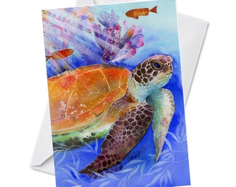 Greeting Card - CRUISING - Big Sea Turtle Playful Underwater Wildlife Sea Ocean Water Animal Watercolor Art Painting