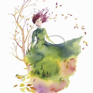 Greeting Card FALLEN LEAVES Watercolor Art Giclee Print Fashion Sketch design Autumn Spirit lady Woman Nature Watercolor image 4