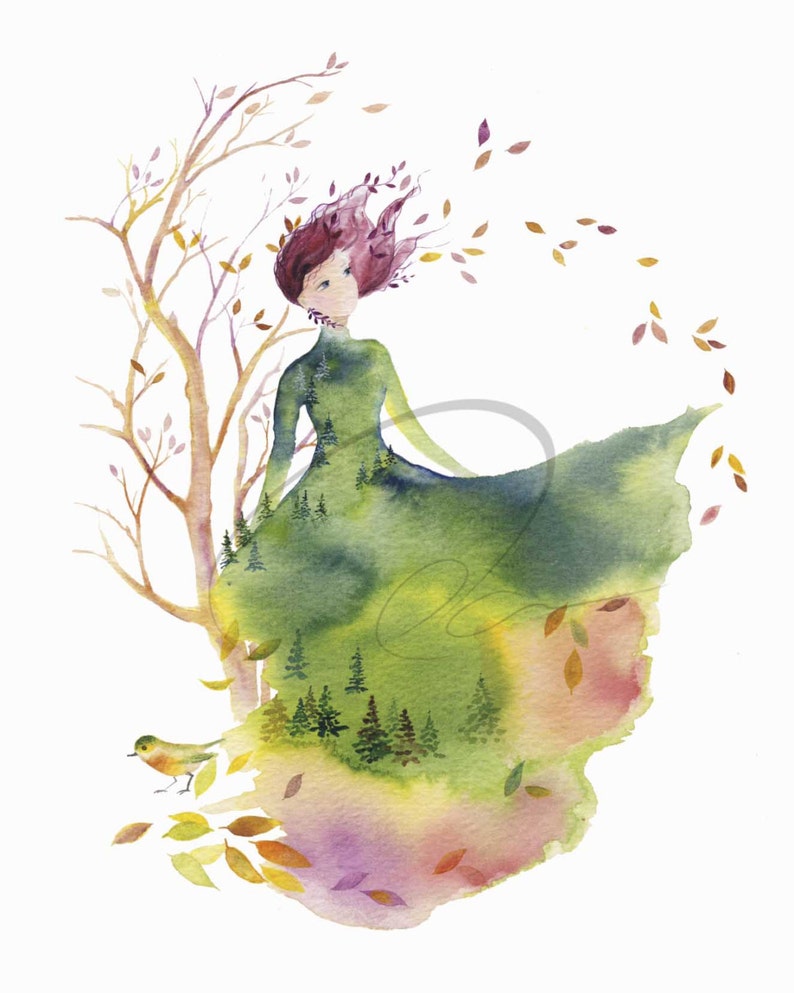 Greeting Card FALLEN LEAVES Watercolor Art Giclee Print Fashion Sketch design Autumn Spirit lady Woman Nature Watercolor image 4