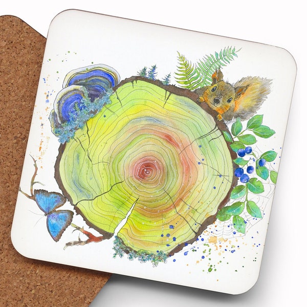 Drink Coasters, Mix & Match "Home Free" Squirrel on a Log. Wilderness art. Wild woods. Wildlife art coaster. Housewarming gift. Oladesign