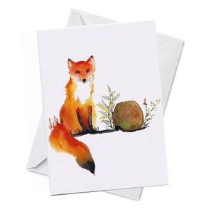 Biglietto d'auguri - INDIE - Stampa giclée artistica ad acquerello, furba, intelligente, carina, volpe, coda rossa, tronco, bosco, natura, autunno, fauna selvatica, dipinto