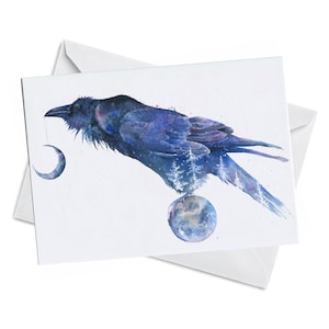 Carte de vœux - NIGHT KEEPER - Corbeau noir cosmique tenant la lune sur une ficelle Perchée Gardien Aquarelle Peinture Olga Cuttell Oladesign