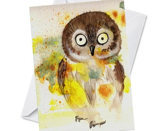 Greeting Card - OWL - Blank Inside Congratulations Newborn Baby Shower Gift Happy Birthday Colorful Watercolor Canadian Made Recycled Paper