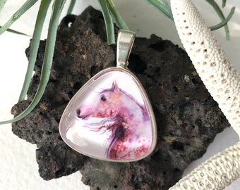 Glass Pendant - Majesty - Antique Bronze or Silver Plated handmade watercolor art necklace jewelrypink horse Oladesign